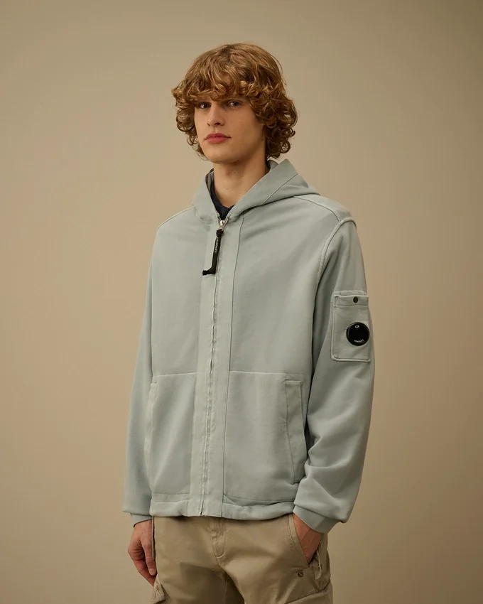 Huvsweatshirt i bomullsdiagonalfleece med dragkedja